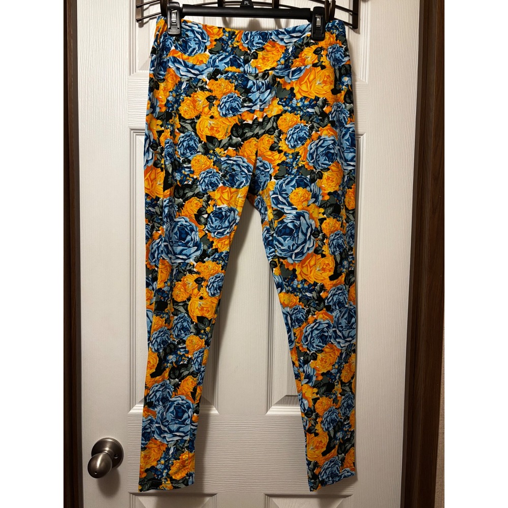 LuLaRoe Tall & Curvy Floral Leggings Blue Yellow Orange Rose Print TC